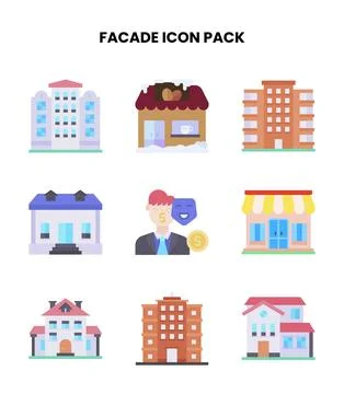 Facade Flat Set Icons Pack 스톡 일러스트