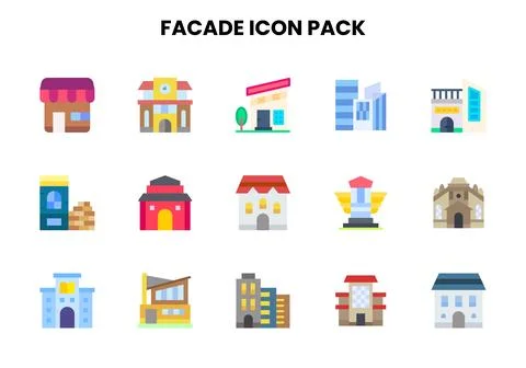 Facade Flat Set Icons Pack Stock Illustration