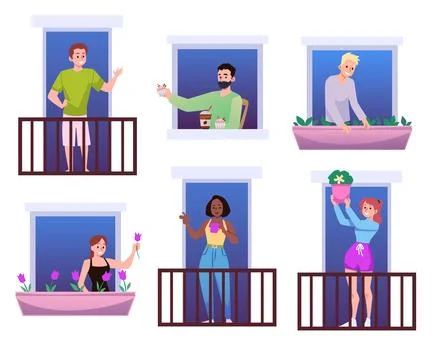 Facade with friendly neighbors in windows and balconies flat vector isolated. Ilustração Stock