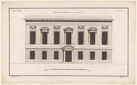 Facade with frontons; Elevation d un bÃ timent de 14 toises de face; Facad.. Stock Photos