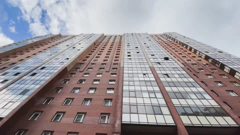 Facade of the high-floor house with the glazed balconies, the bottom view up Stock Footage 151602916
