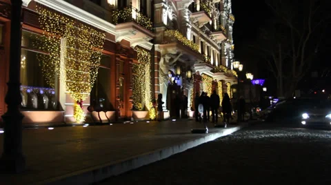 Facade of the Hotel Restaurant (New Year party). Video stock 35596187