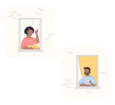 Facade of the house and open windows with ethnic neighbors. Woman in a pink Ilustración de archivo