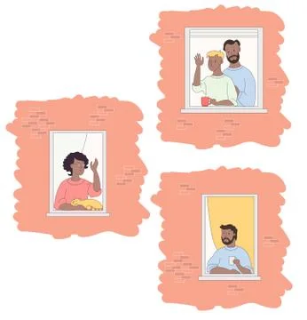 Facade of the house and open windows with ethnic neighbors. Woman in a pink Ilustración de archivo
