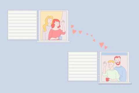 The facade of the house with open windows and neighbors. Two girls wave their Ilustración de archivo