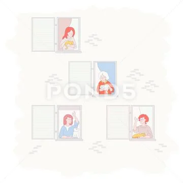 The facade of the house with open windows. Different women neighbors with pets - Stock Illustrationen