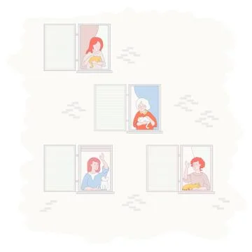 The facade of the house with open windows. Different women neighbors with pets - Ilustración de archivo