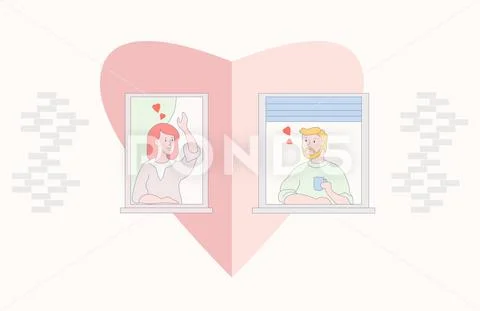 The facade of the house with open windows. In the windows of lovers - a girl Stock Illustrationen