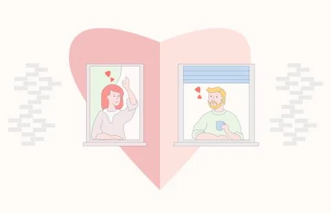 The facade of the house with open windows. In the windows of lovers - a girl Ilustración de archivo