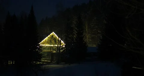 The facade of the house standing in the night forest is brightly illuminated. Stock-Footage 232981350