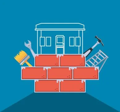 Facade of house under construction with set tools in bricks Stock Illustration