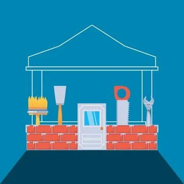 Facade of house under construction with set tools 스톡 일러스트