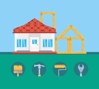 Facade of house under construction with set tools 库存插图