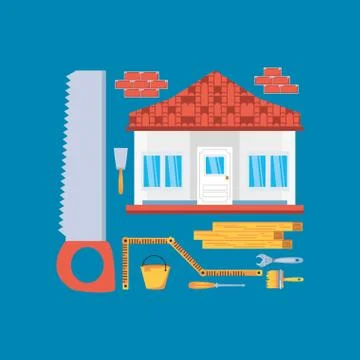 Facade of house under construction with set tools イラスト素材
