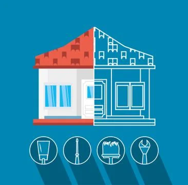 Facade of house under construction with set tools Stockillustratie