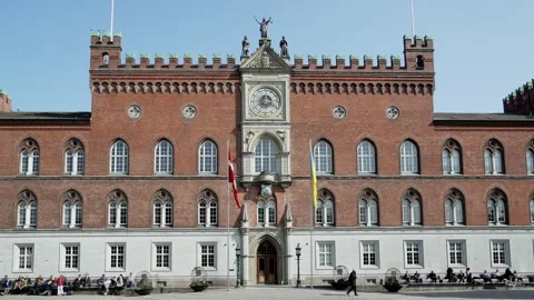 Facade with Italo-Gothic architecture of the Odense Town Hall Stock Footage 197489843