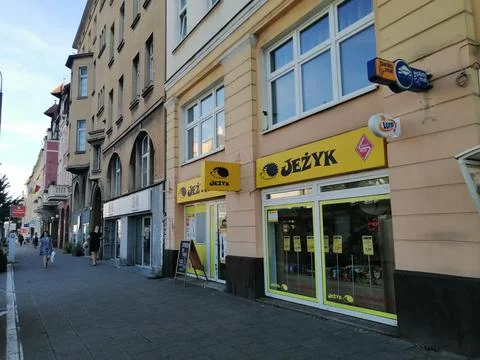 Facade of a Jezyk small grocery store in the city center Stock Photos