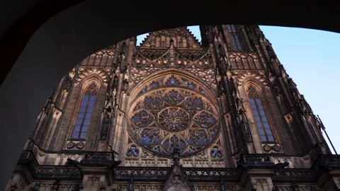 The facade of a large Catholic cathedral in Prague, Czech Republic Stock Footage 264662763