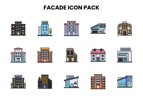 Facade Lineal Color Vector Icons Pack Stock Illustration