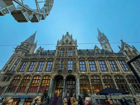 Facade of the main post office building in ghent, belgium at dusk Stock Photos
