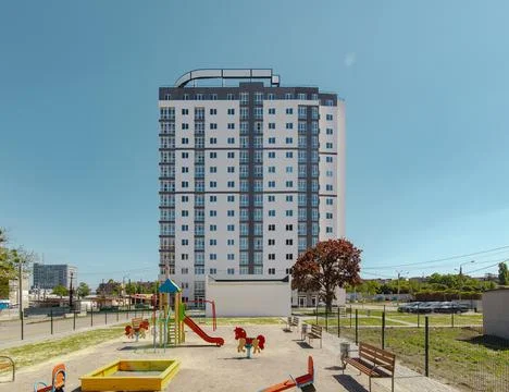 Facade of modern multi-storey building in the city. Space for text Stock Photos