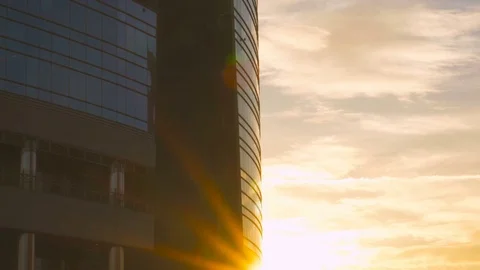 Facade of a Modern Skyscraper at Sunset Stock Footage 73725271