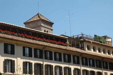 Facade with multiple windows and red geraniums on top Stock Photos