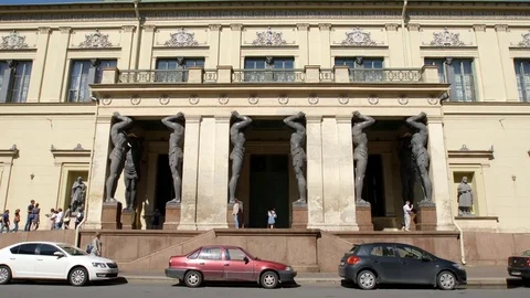 Facade of New Hermitage and Statues of Atlants Stock Footage 82783560