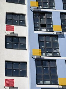 The facade of a newly built building with mounting systems for air conditione Fotos de archivo