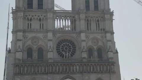 Facade of Notre Dame De Paris with workers Stock Footage 246646582