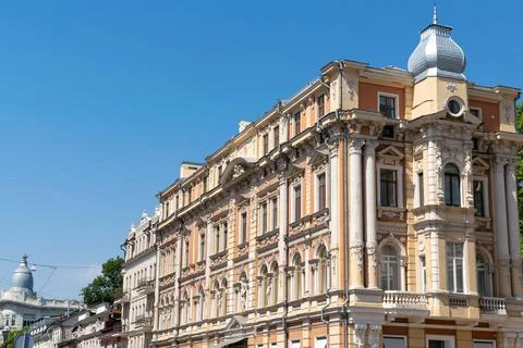 Facade of old architecture building with columns in sunny day in city, Luxu.. Foto stock