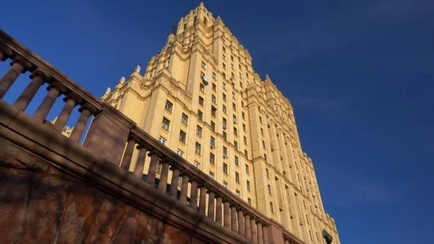 The facade of an old building with beautiful architecture. Stalin skyscraper. 4K Stock Footage 106017056