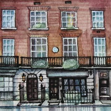 Facade of an old building hand-drawn watercolor, pen sketch. Ilustración de archivo