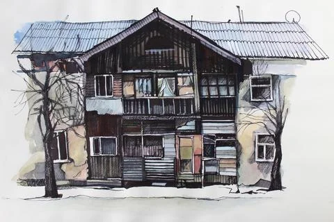 Facade old building hand drawn watercolor and pen sketch Ilustración de archivo