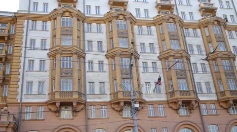 Facade of the old building of the US Embassy on Novinsky Boulevard Stock Footage 65182780