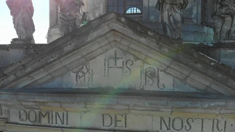 Facade of the Old Catholic Church, Stone Statues and Colons Stock Footage 99502575