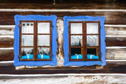Facade of the old wooden house Stock Photos