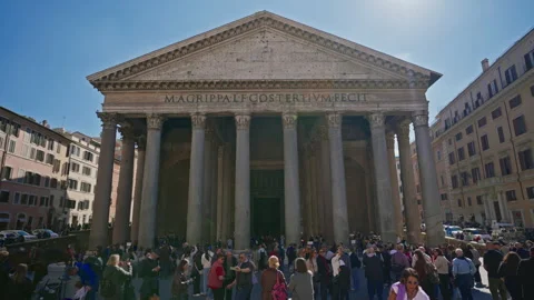 The facade of the Pantheon building with columns in the center of Rome, Italy Stock Footage 307775772