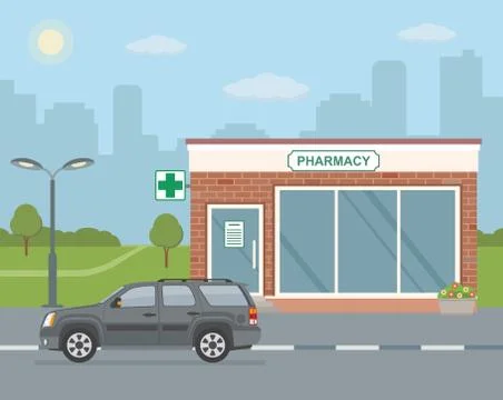 Facade pharmacy store and SUV car on city background. Stock Illustration