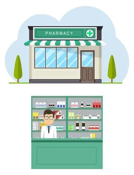 Facade of pharmacy store in urban space. Modern interior pharmacy Stock Illustration