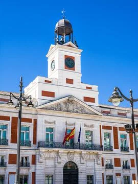 Facade of the Post Office Royale building in the Sol square in Madrid Stock Photos