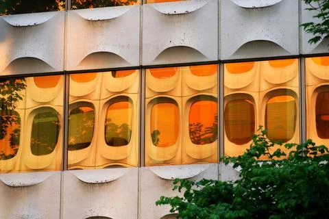 Facade of prefabricated modular concrete on functionalist office for Genera.. Stock Photos
