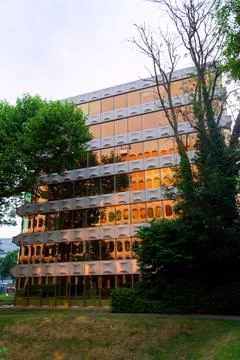Facade of prefabricated modular concrete on functionalist office for Genera.. Stock Photos