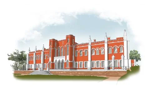Facade of a red brick mansion Stock Illustration