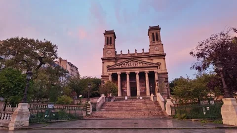 Facade of Saint-Vincent-de-Paul church, Paris, France, Panning Stock Footage 291924637