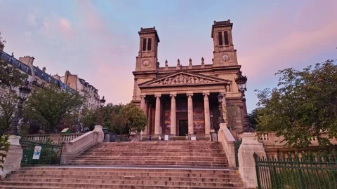 Facade of Saint-Vincent-de-Paul church at sunset, Paris, France. Static Stock Footage 292862542