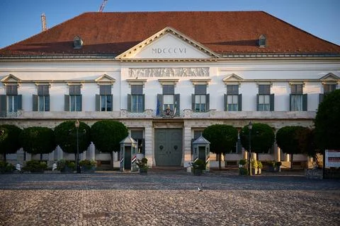 Facade of Sandor Palace with guard booths on the cobblestone plaza in the Bud Stock Photos
