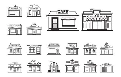 Facade Shop Store Front View Line Art Outline Style Icon Set 스톡 일러스트