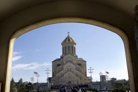 Facade of St. Trinity (Sameba) cathedral in Tbilisi, capital of Republic of G Stock Photos