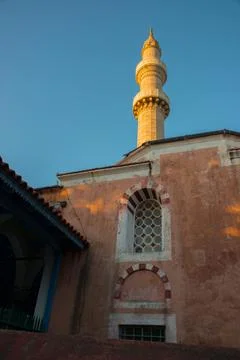Facade of Suleiman Mosque at its tower. Rhodes old town, Greece. Stock Photos